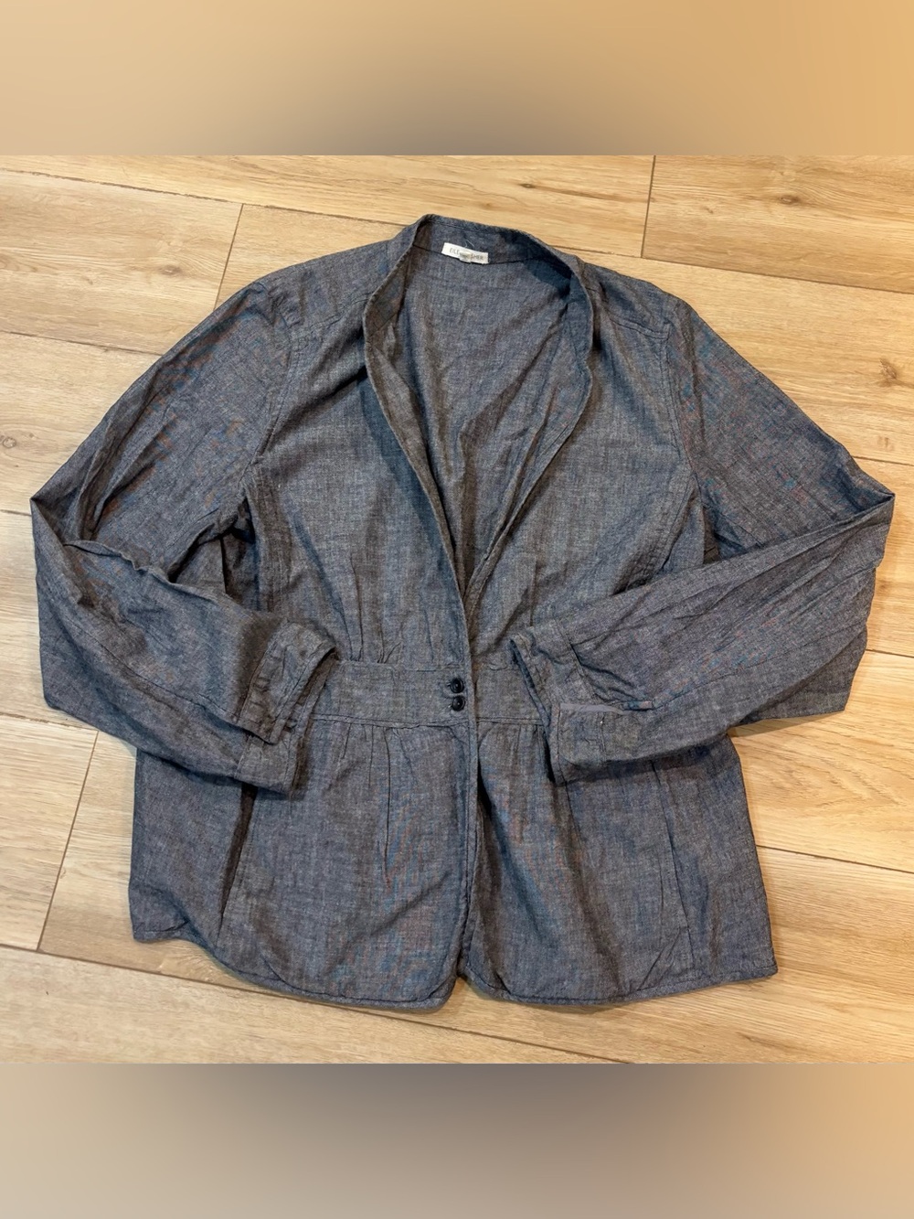 Eileen Fisher Chambray-Style Button-Front Jacket in gray peplum XL cotton
